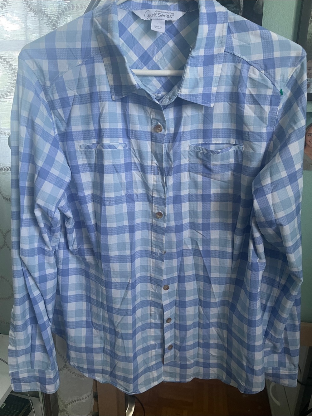 Gander Mountain Light Blue and White Plaid Long-Sleeve Button Shirt